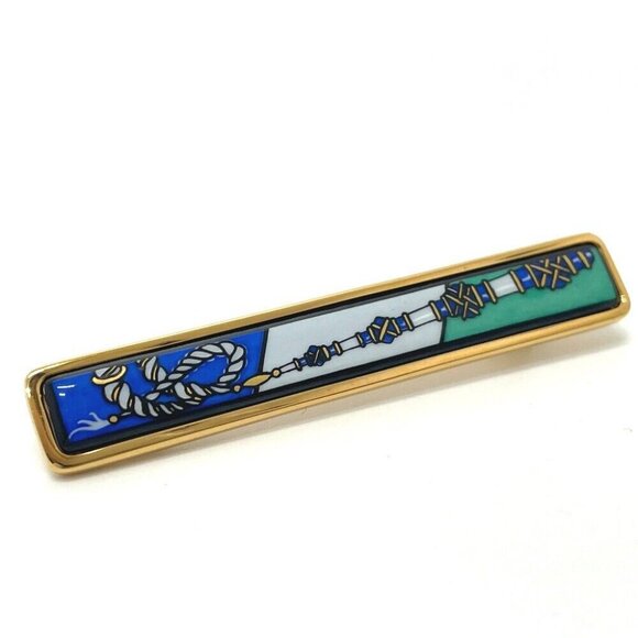 HERMES Treasure grilled emaille pin tuck Brooch Metal Gold - Picture 1 of 11